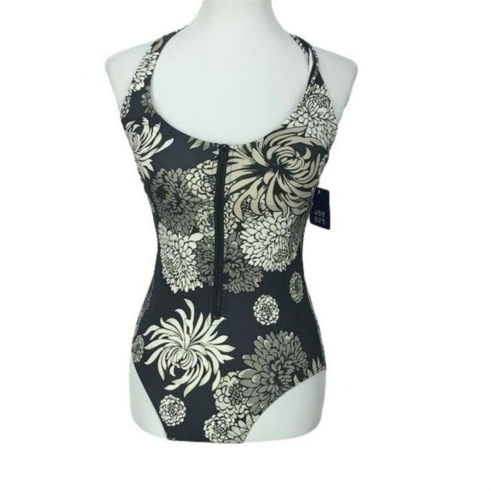 Joy Lab Women's Black Grey Floral Zippered One Piece Bathing Suit Swimwear Small